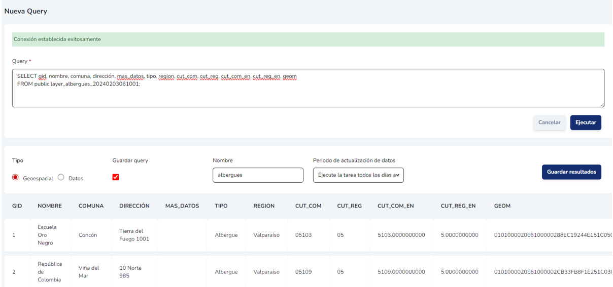 Opciones para guardar y programar una query