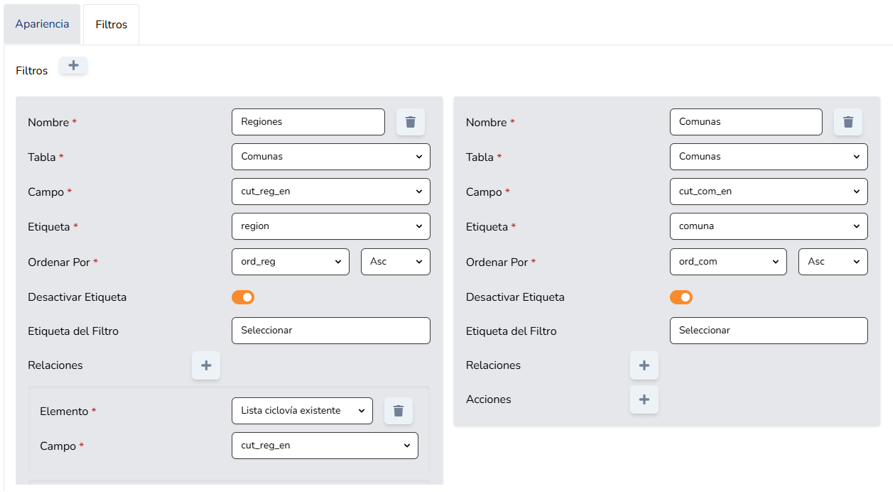 Configurador del elemento Tarjeta