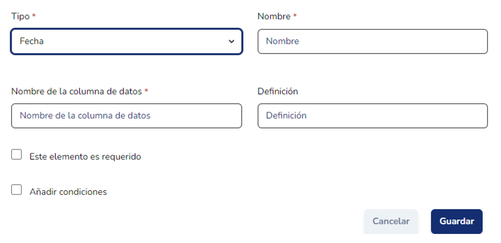 Parámetros de configuración de un campo de tipo Fecha
