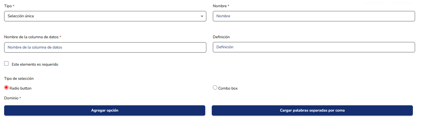 Parámetros de configuración de un campo de Selección única