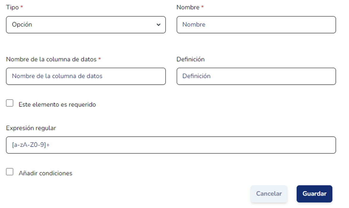 Parámetros de configuración de un campo de tipo Opción