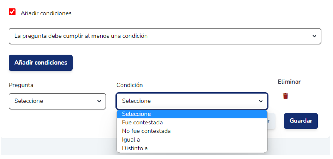 Listado de tipos de condición disponibles para el campo