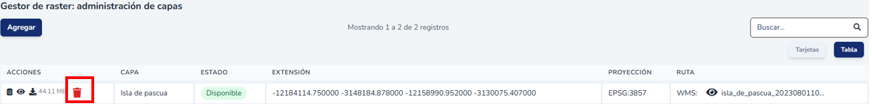 Botón para eliminar una capa raster del listado