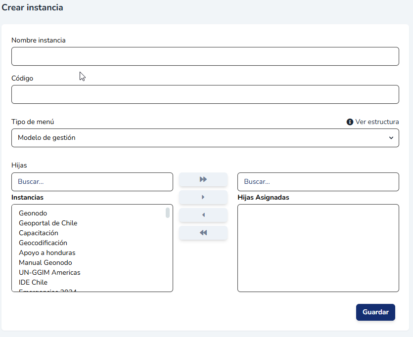 Formulario de creación de una nueva instancia