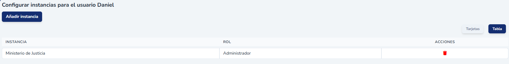 Listado de instancias asignadas a un usuario y su rol