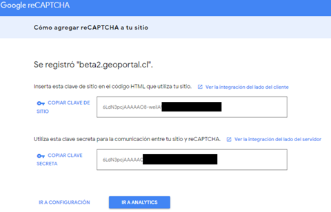 Claves de sitio y secreta generadas por reCAPTCHA